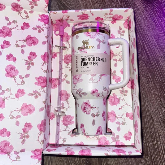 Stanley x LoveShackFancy 40oz Holiday Tumbler – Rosa Beaux White + Gift Box (Free Shipping)